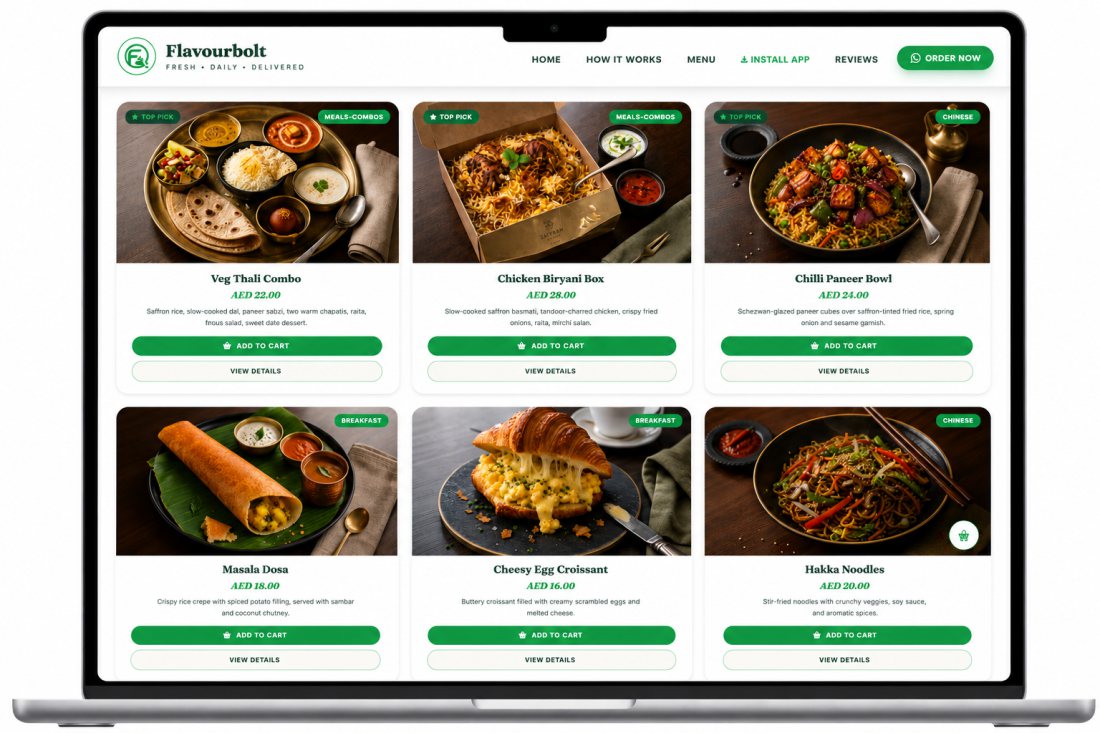 FlavourBolt restaurant website desktop preview