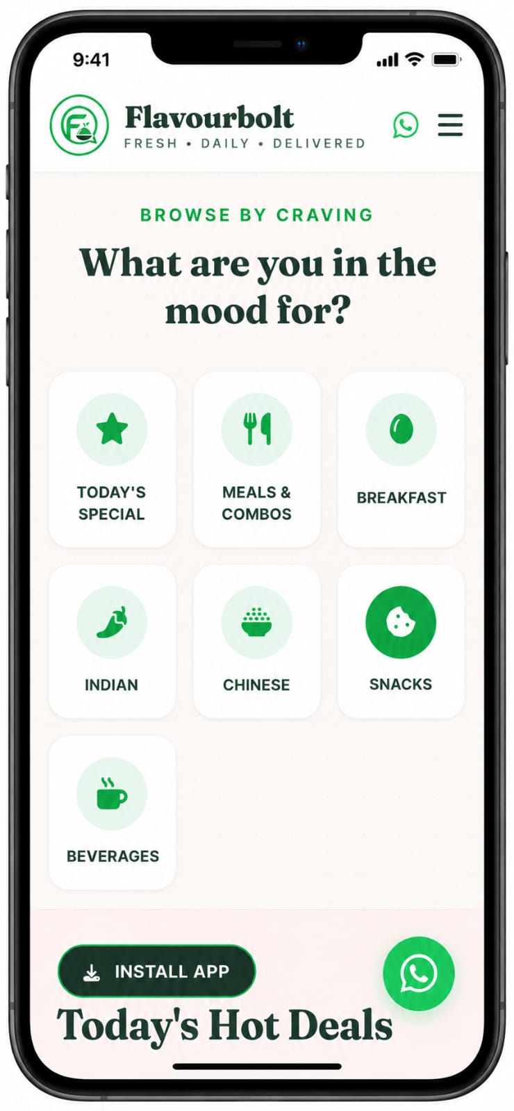 FlavourBolt restaurant mobile app and WhatsApp ordering menu preview